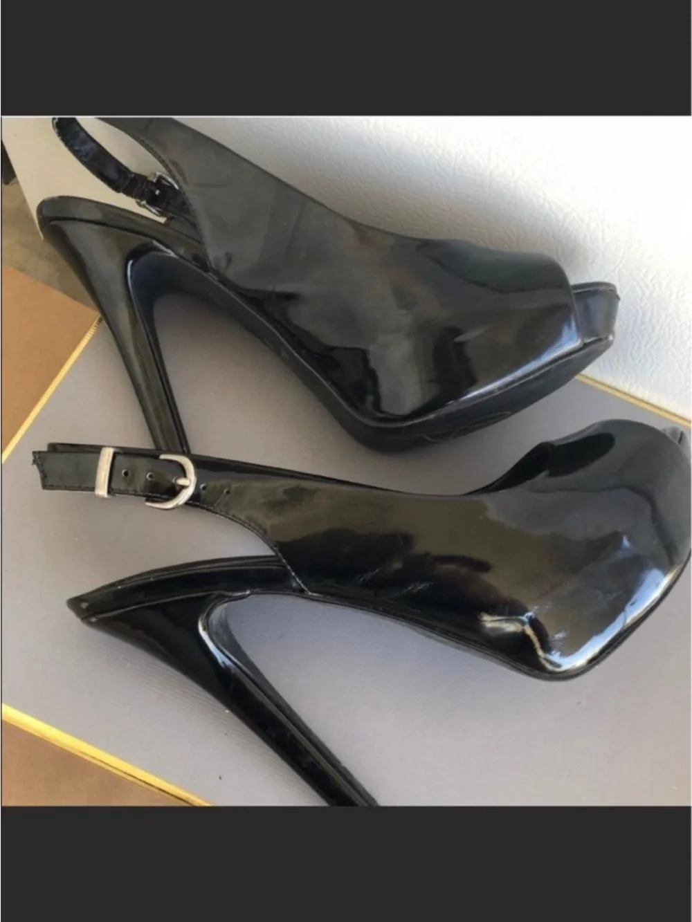 Aldo Black Patent Peep-Toe Slingback Stilettos